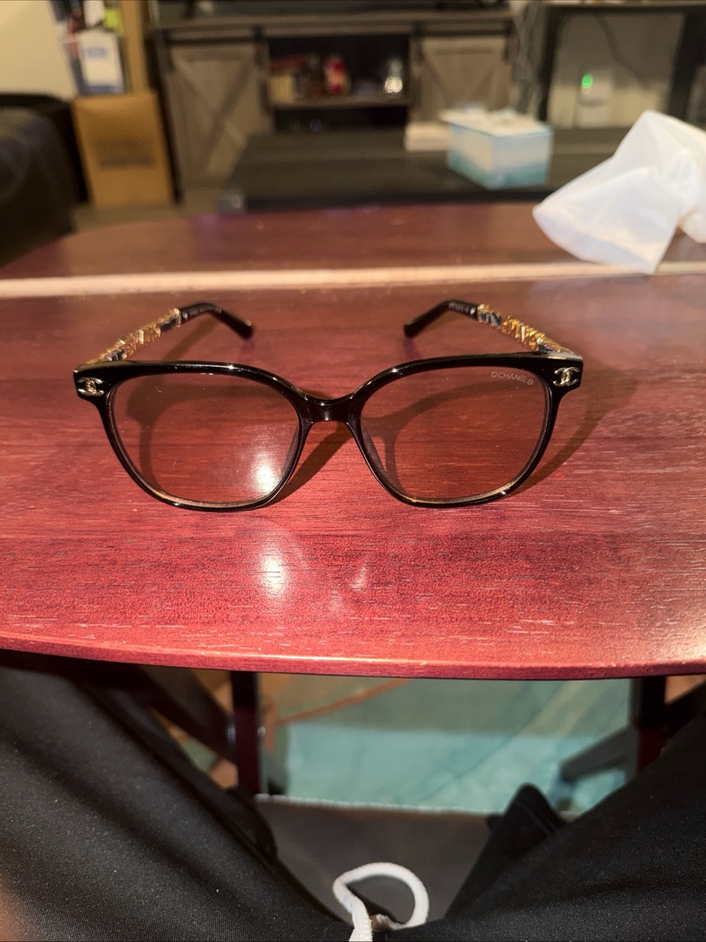 CHANEL Black Cat-Eye Glasses with Gold Chain Temples